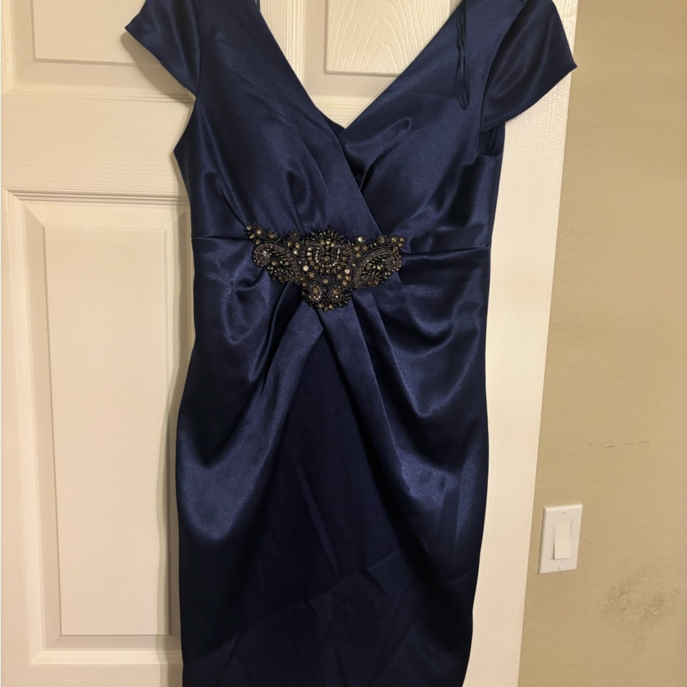Elegant Navy Blue Dress with Embellished Waist